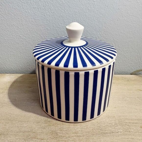 NWT Spode Steccato Covered Sugar Bowl Canister Made in England Blue White Stripe - Picture 6 of 8